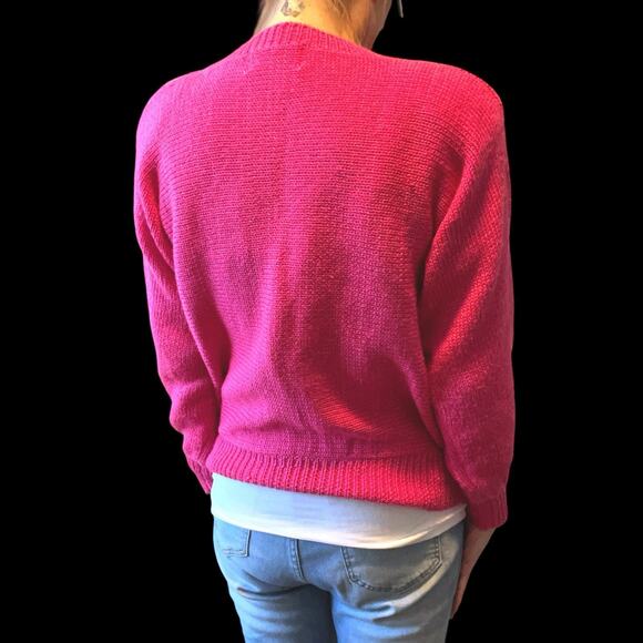 Vintage 80s Jaclyn Smith Hot Pink Floral Statement Cardigan Sweater Knit Small - Picture 2 of 12